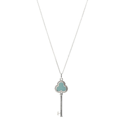 Tiffany Sterling Silver Enamel Beaded Trefoil Key Pendant Necklace Blue 1 of 7