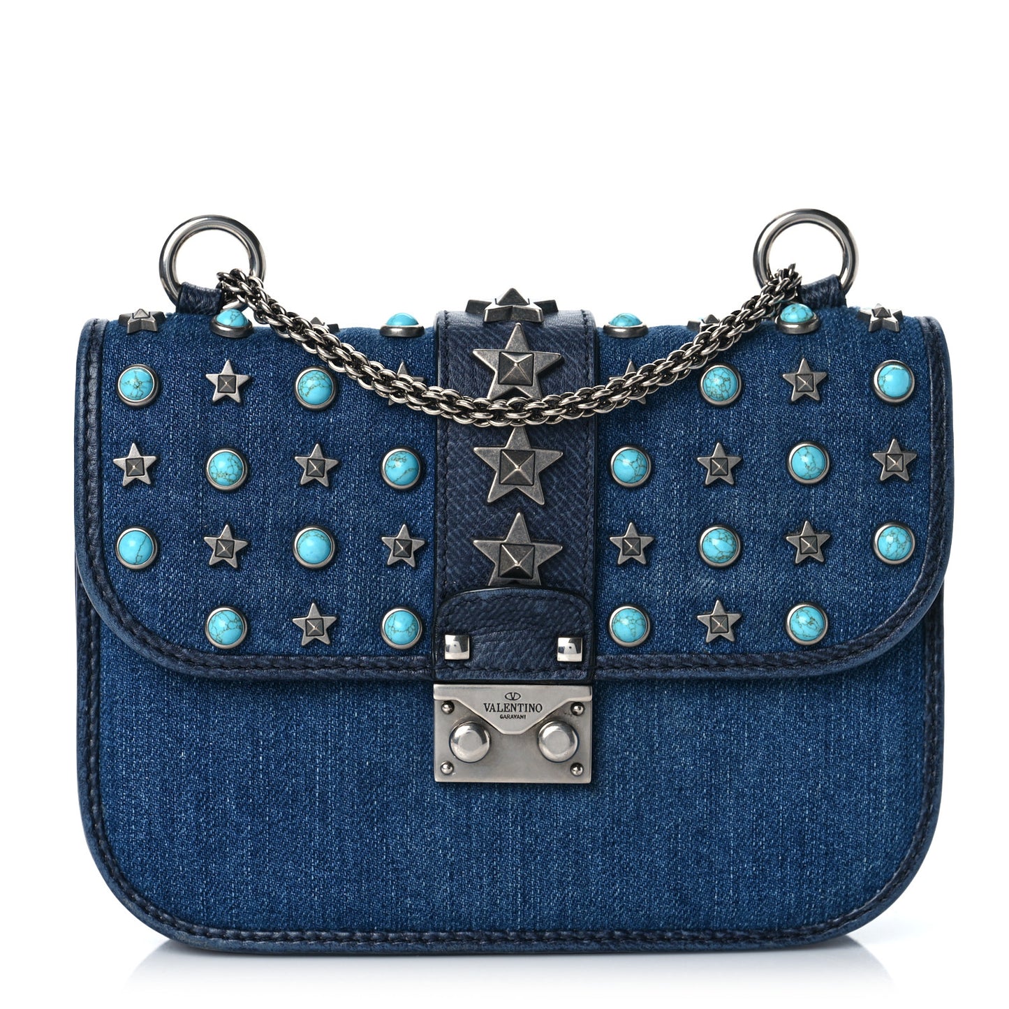 Denim Star Studded Small Lock Flap Blue
