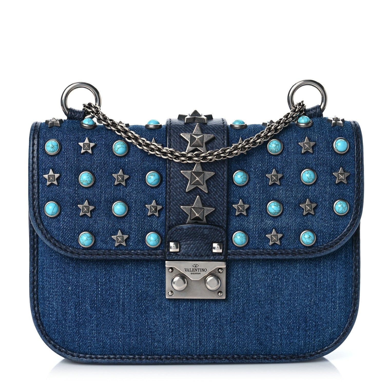 Valentino Garavani Denim Star Studded Small Lock Flap Blue 1 of 10