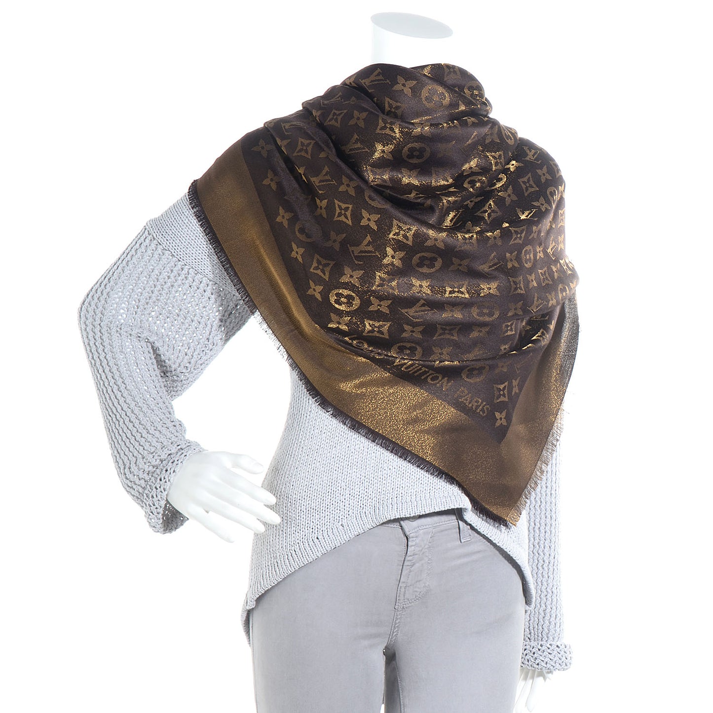 Silk Lurex Wool Monogram Shine Shawl Brown