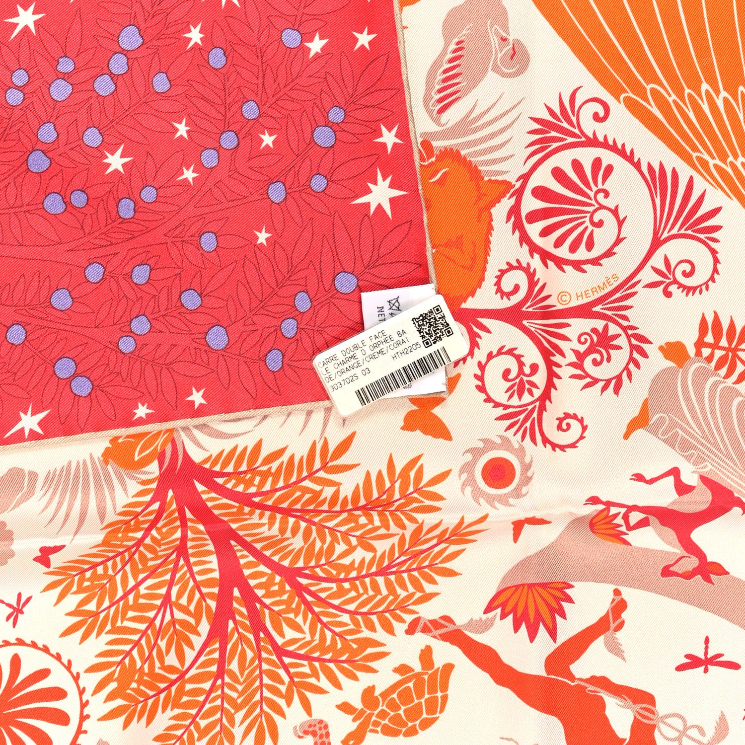 Hermes Silk Sous Le Charme d'Orphee Double Face Scarf 90 Orange Creme Corail 3 of 4