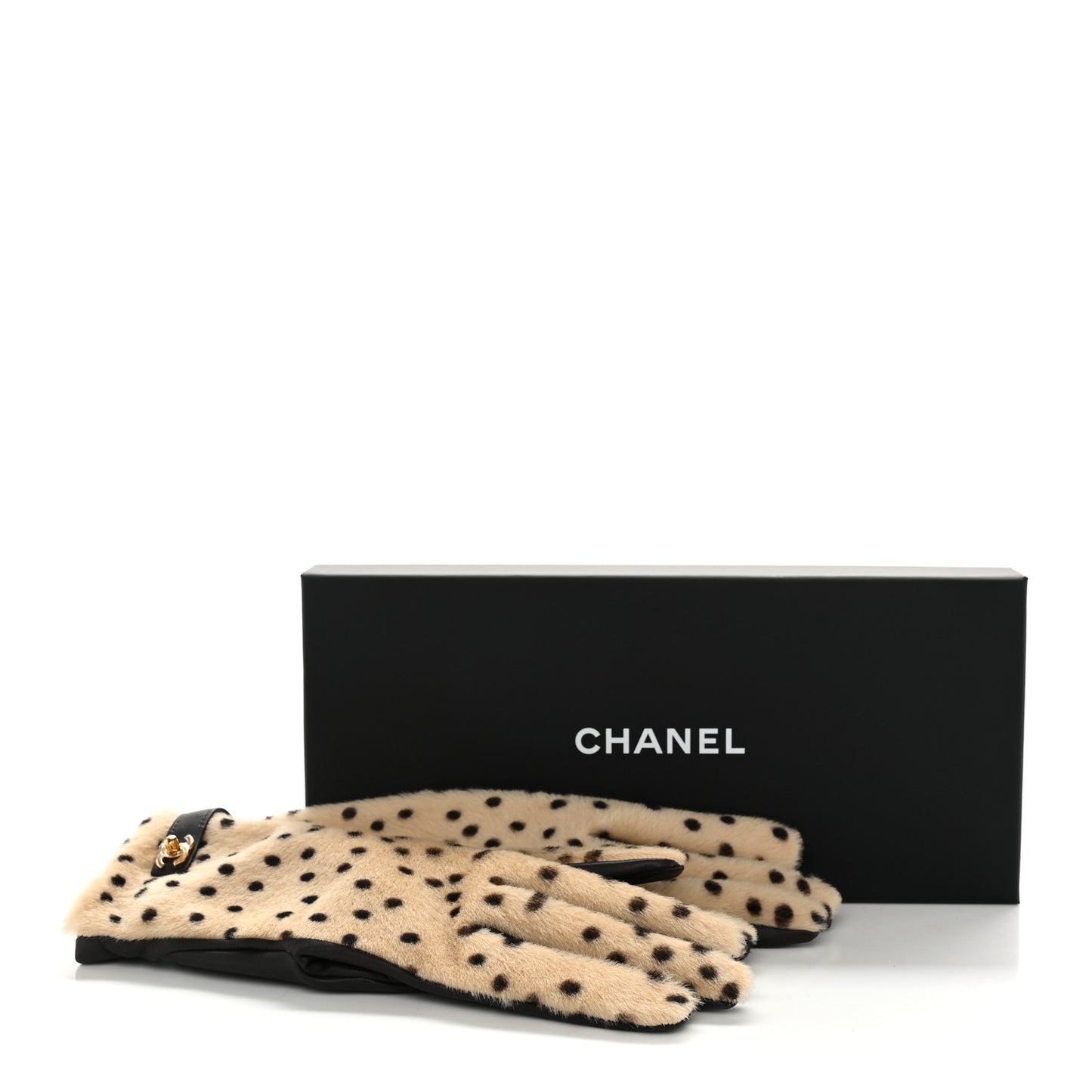 Lambskin Ponyhair Gloves 7.5 Beige Black