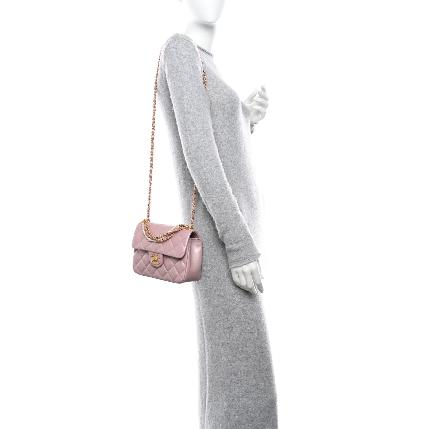 Shiny Lambskin Quilted Pearl Twist Mini Square Flap Light Pink