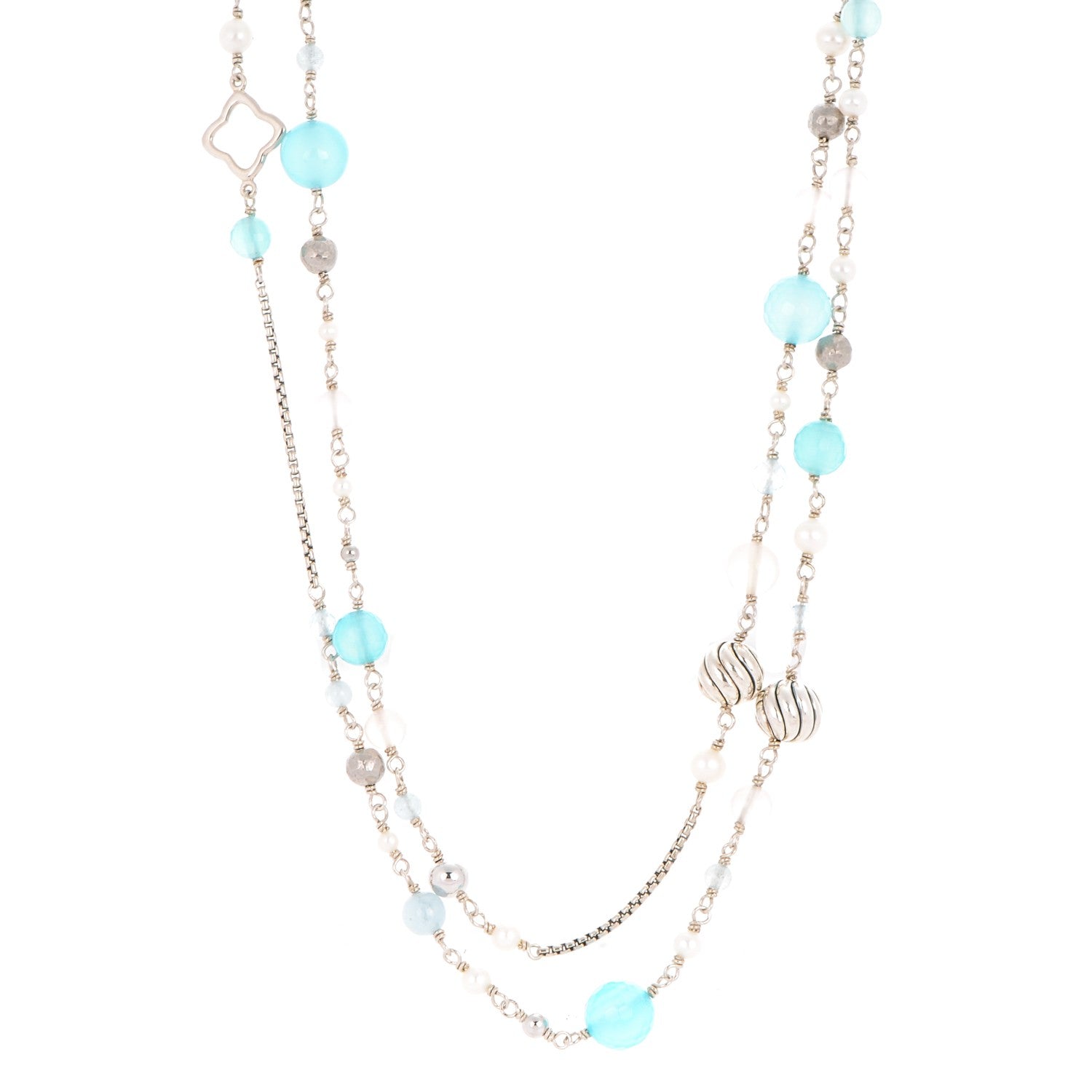 David Yurman Sterling Silver Pearl Aquamarine Chalcedony 14mm Quatrefoil Necklace 1 of 5
