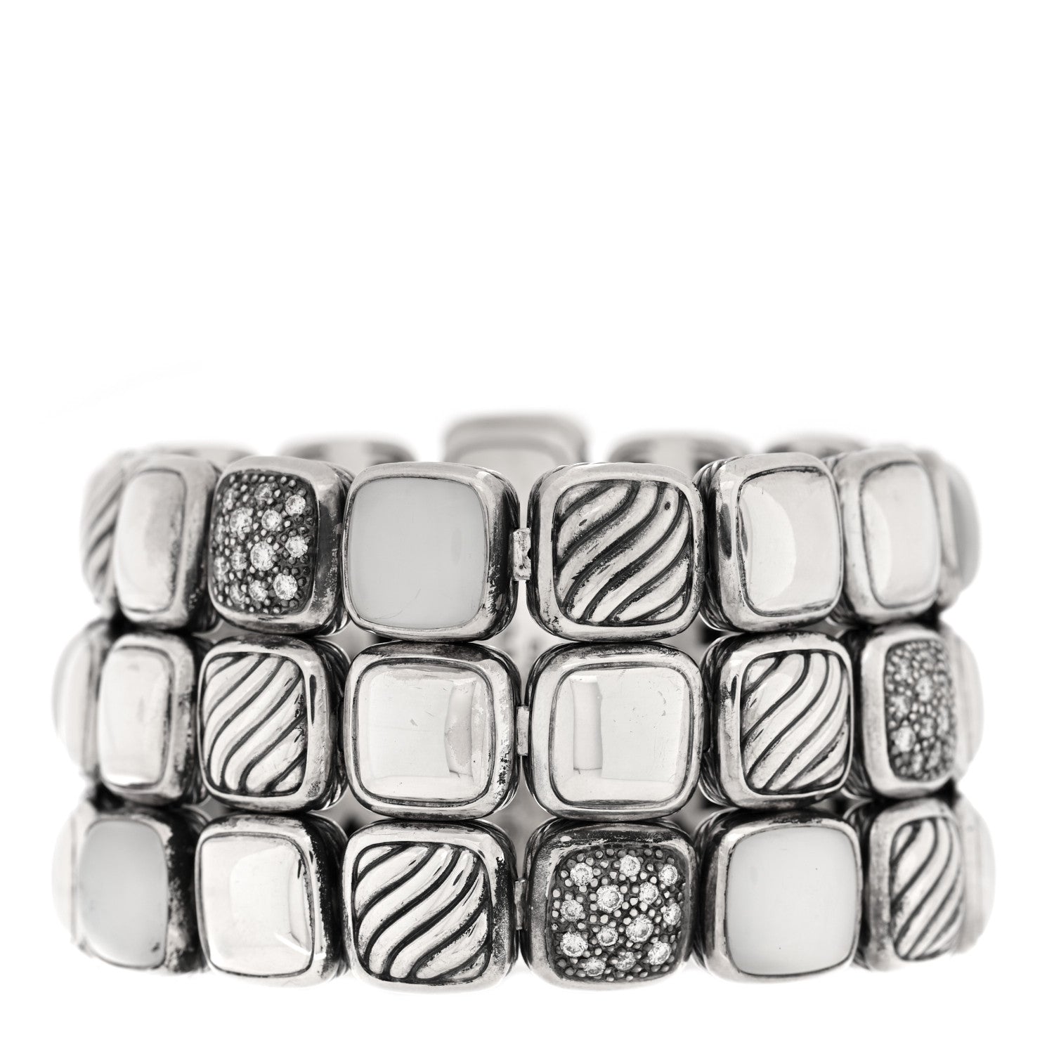 David Yurman Sterling Silver Diamond Moon Quartz Chiclet Three Row Bracelet 1 of 3