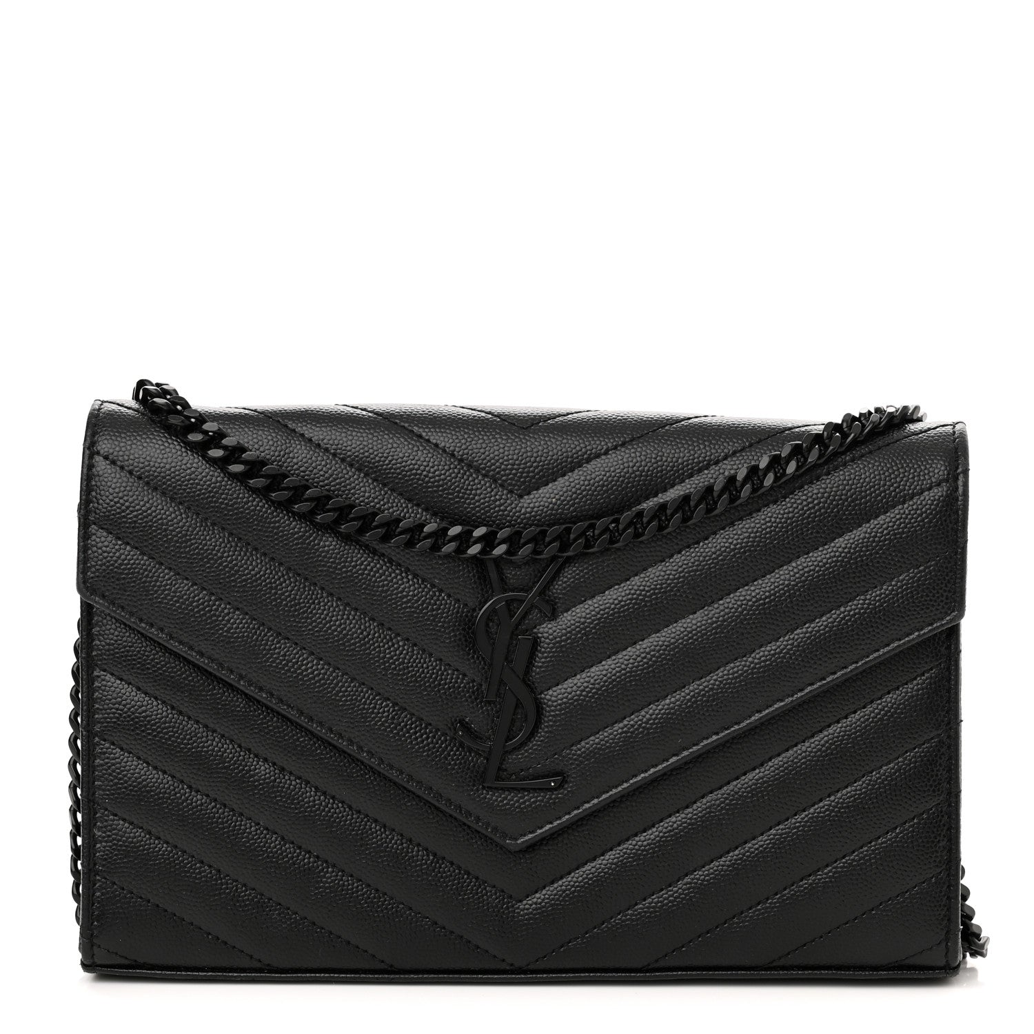 Saint Laurent Grain De Poudre Matelasse Chevron Monogram Monochrome Chain Wallet Black 1 of 11