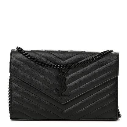 Saint Laurent Grain De Poudre Matelasse Chevron Monogram Monochrome Chain Wallet Black 1 of 11