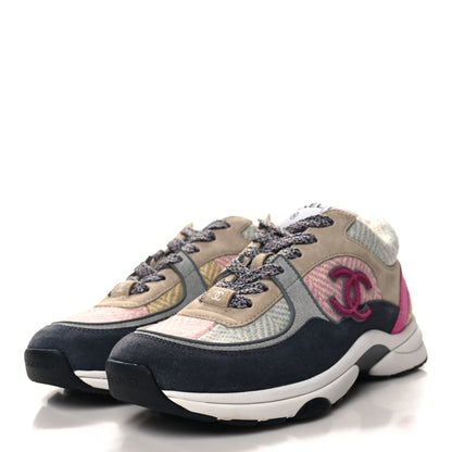 Chanel Fabric Suede Calfskin CC Sneakers 37 Pink Beige Multicolor 3 of 8