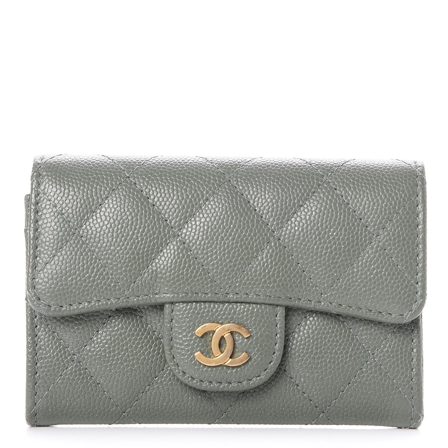 Iridescent Caviar Quilted Flap Card Holder Green