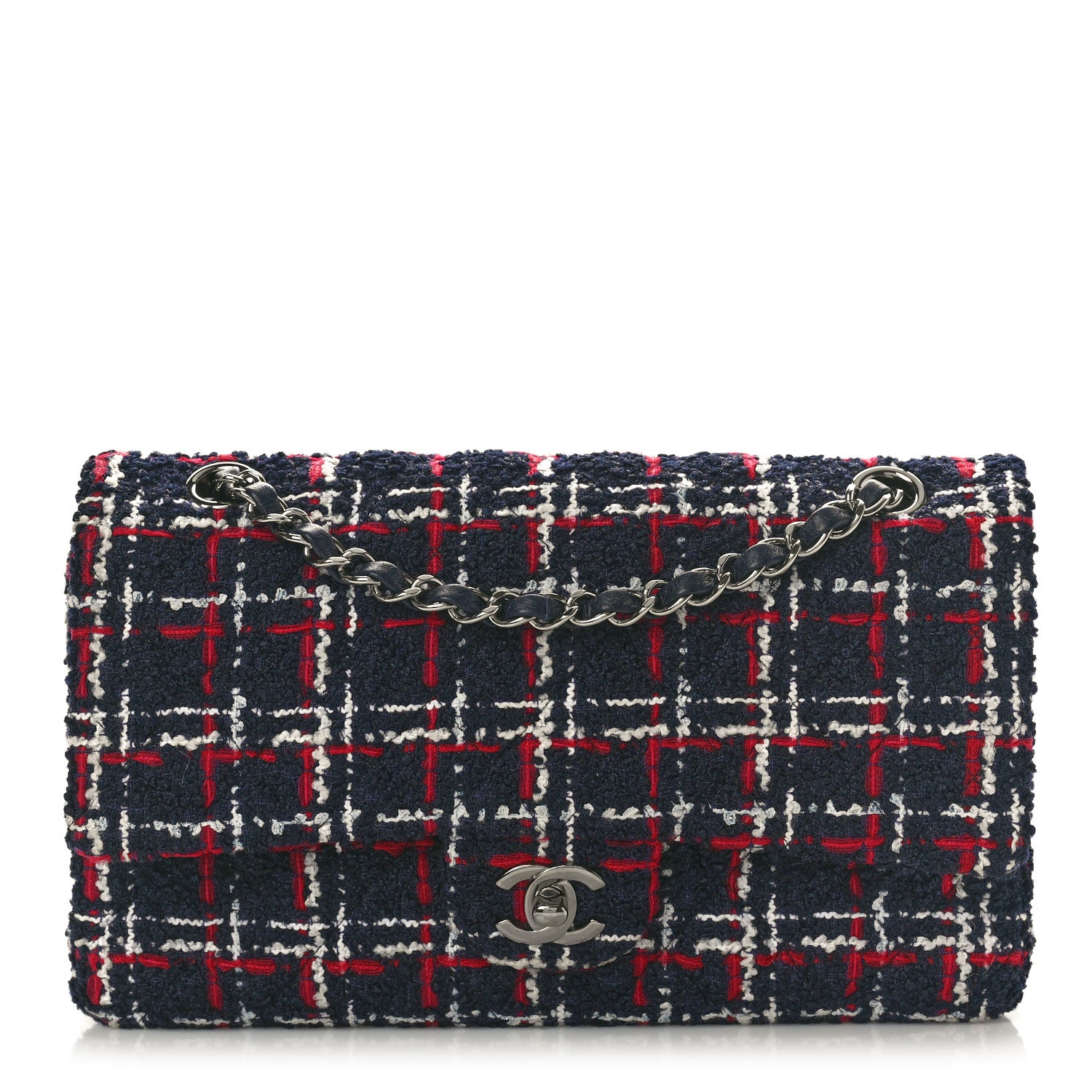 Chanel Tweed Quilted Medium Double Flap Navy White Red 1 of 10