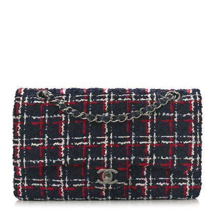 Chanel Tweed Quilted Medium Double Flap Navy White Red 1 of 10