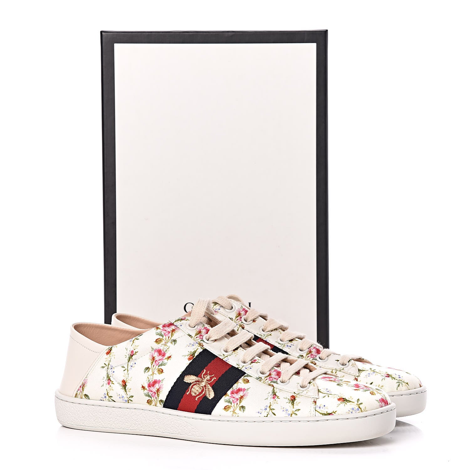 Gucci Calfskin Web Rose Print Bee Embroidered Womens Ace Sneakers 39.5 White 10 of 10