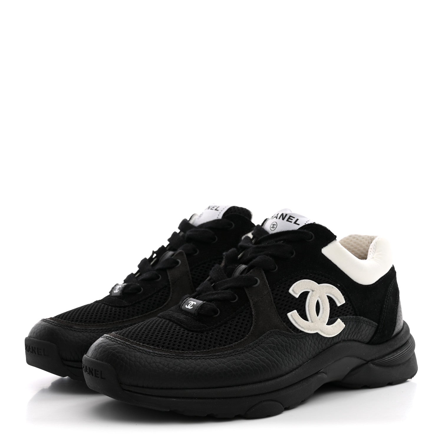Chanel Mesh Suede Grained Calfskin Womens CC Sneakers 38.5 Black White 4 of 10
