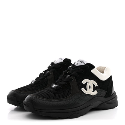 Chanel Mesh Suede Grained Calfskin Womens CC Sneakers 38.5 Black White 4 of 10