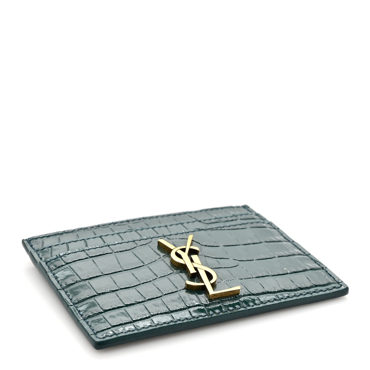 Calfskin Crocodile Embossed Monogram Credit Card Case Foliage Green