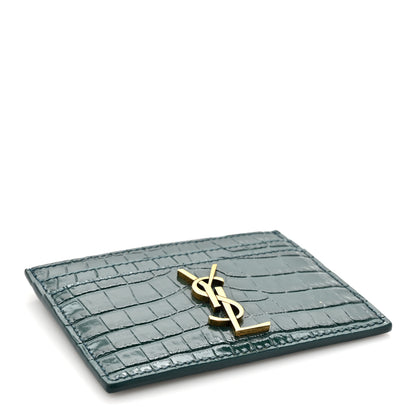 Saint Laurent Calfskin Crocodile Embossed Monogram Credit Card Case Foliage Green 4 of 8