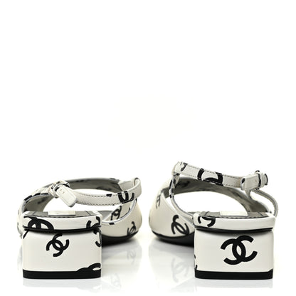 Chanel Printed Lambskin CC Slingback Sandals 40 White Black 4 of 12