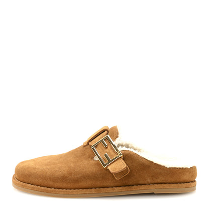 Fendi Suede Shearling Fendi Feel Buckled Clogs 37 Caramello Latte 1 of 9