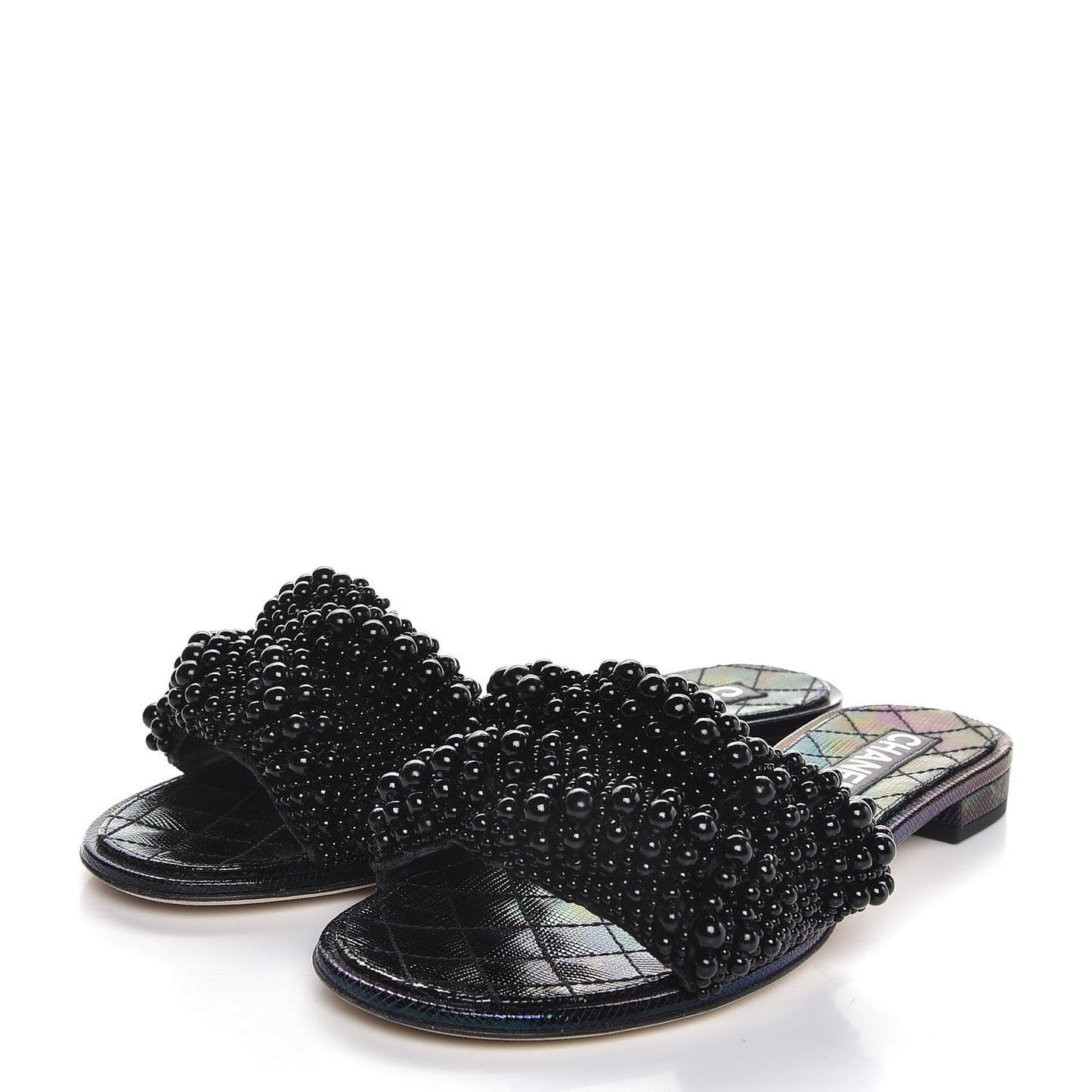 Fantasy Calfskin Pearl Cord CC Mules 40 Black