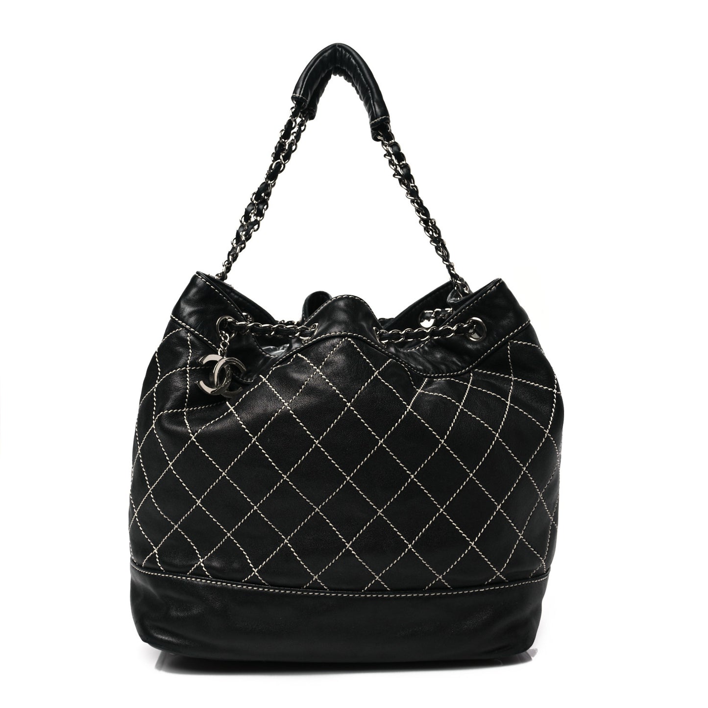 Lambskin Contrast Stitch Large Drawstring Tote Black