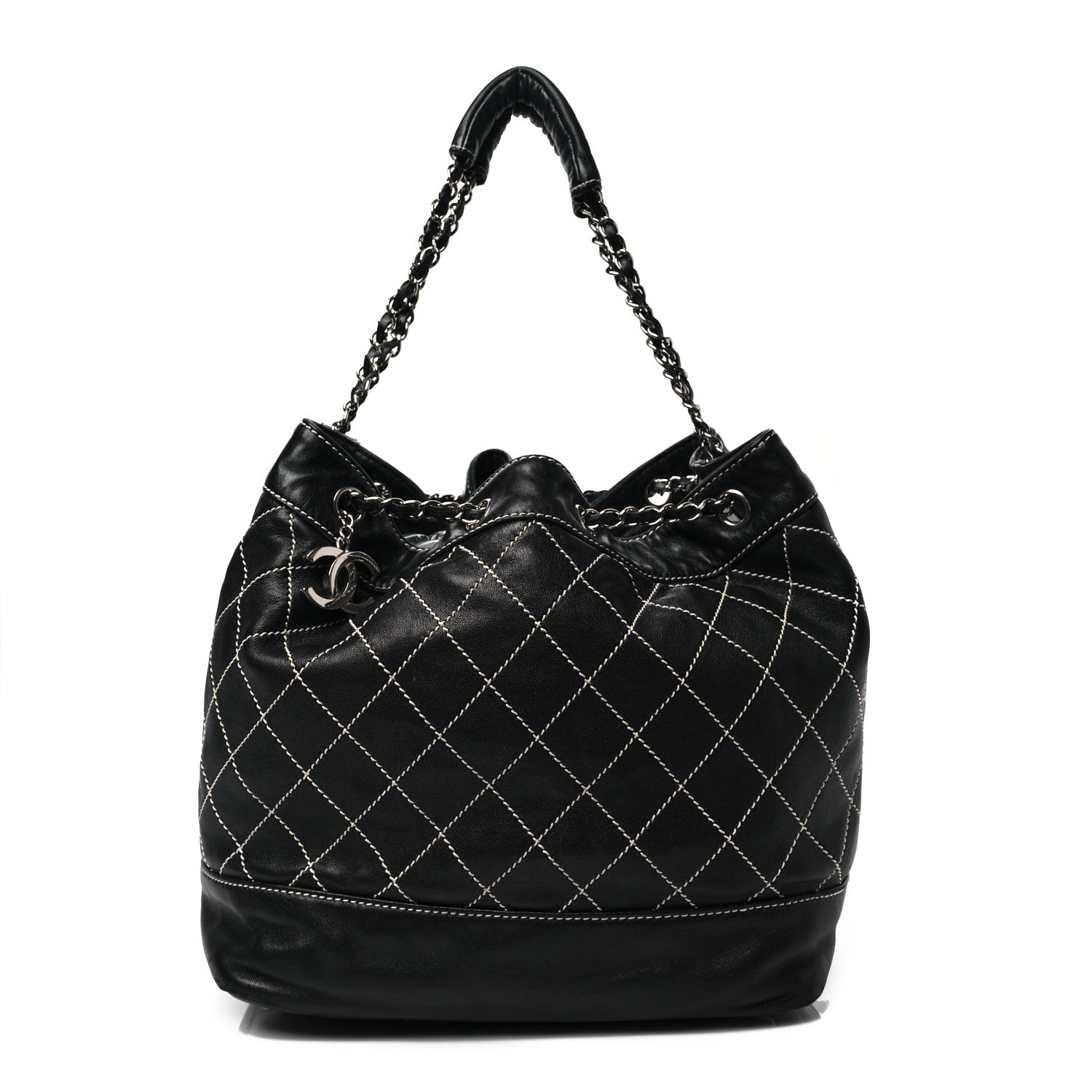 Chanel Lambskin Contrast Stitch Large Drawstring Tote Black 1 of 7