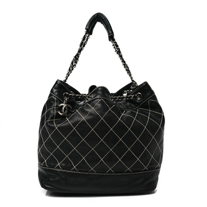 Chanel Lambskin Contrast Stitch Large Drawstring Tote Black 1 of 7