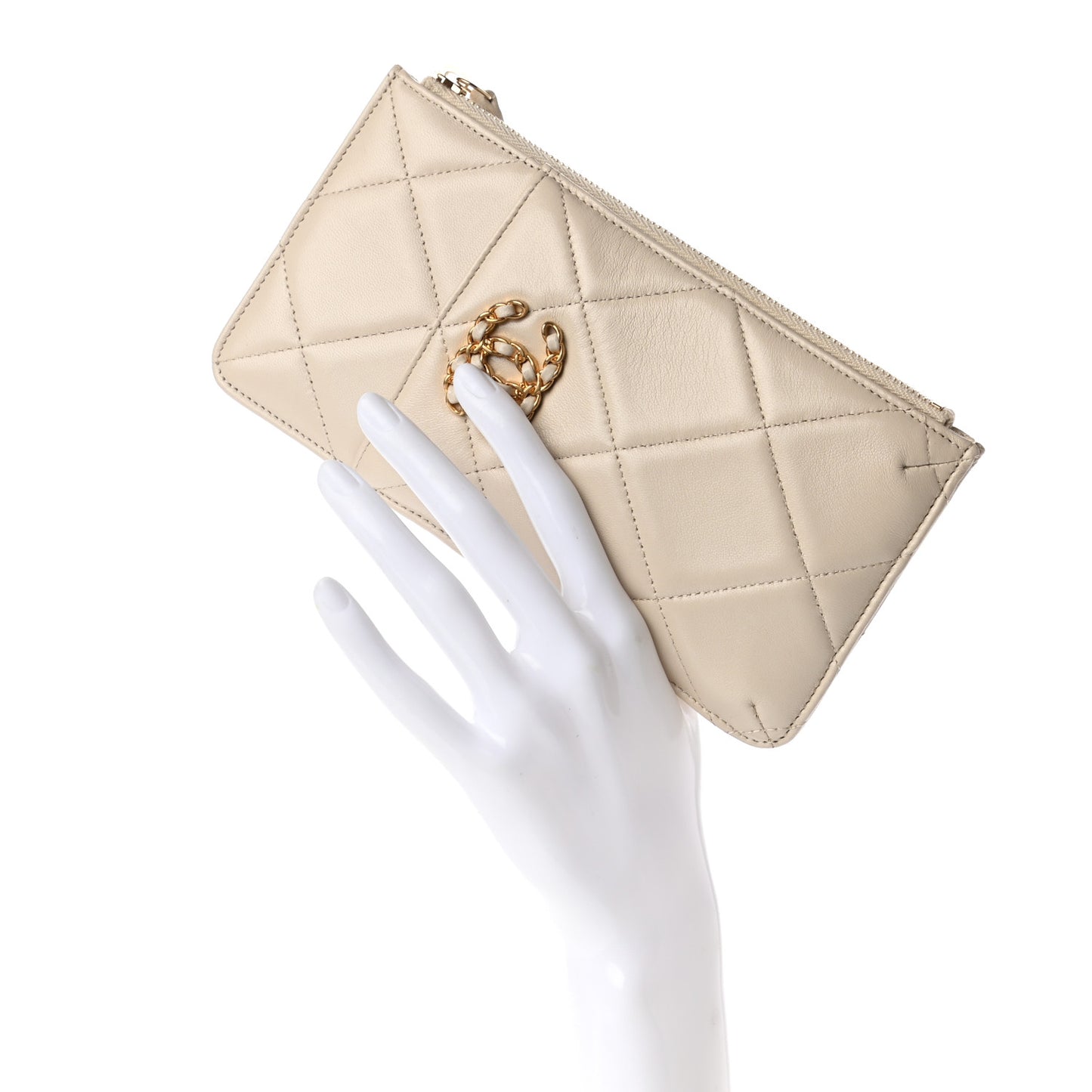 Shiny Goatskin Quilted Chanel 19 Flat Wallet Pouch Light Beige
