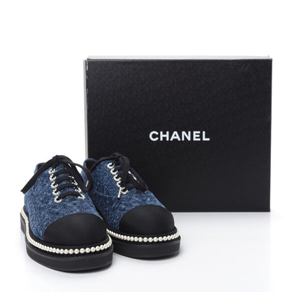 Chanel Denim Grosgrain Camellia Pearl Lace Up Sneakers 38.5 Blue Black 11 of 11