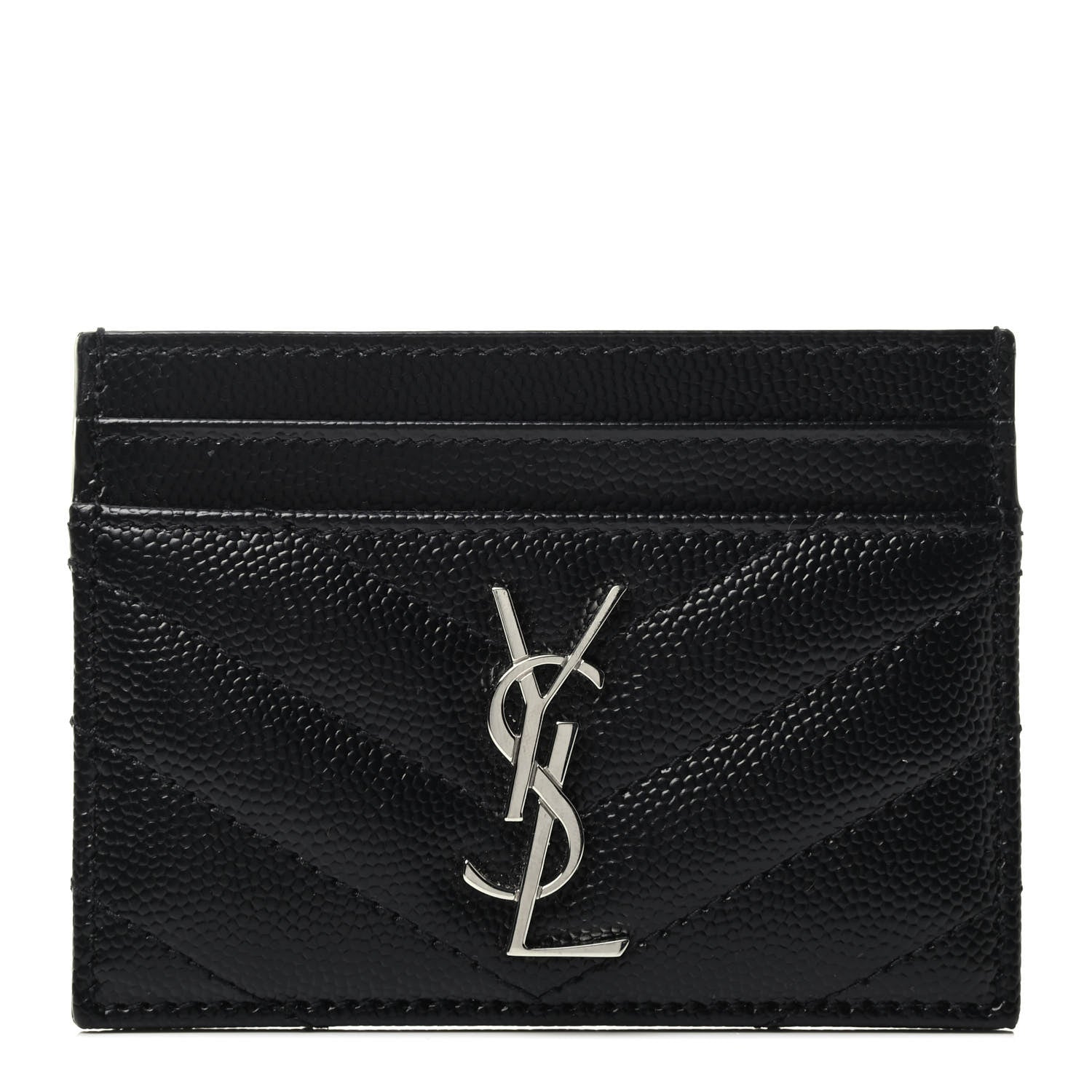 Saint Laurent Grain De Poudre Matelasse Chevron Monogram Credit Card Case Black 1 of 3