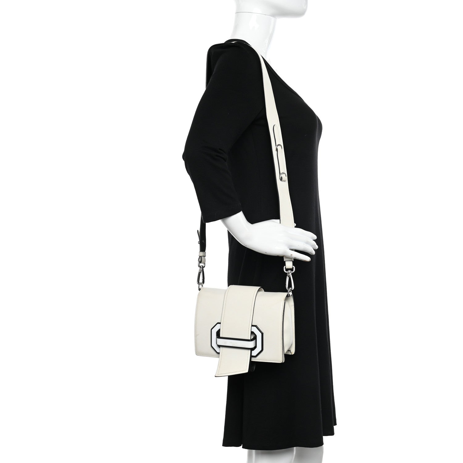 Prada City Calf Plex Ribbon Bag White Black 2 of 17