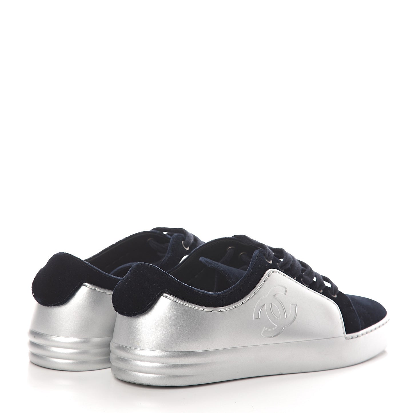 Calfskin Velvet Womens CC Sneakers 36.5 Silver Navy