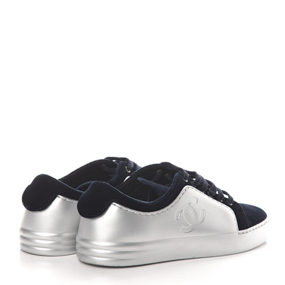 Chanel Calfskin Velvet Womens CC Sneakers 36.5 Silver Navy 4 of 7