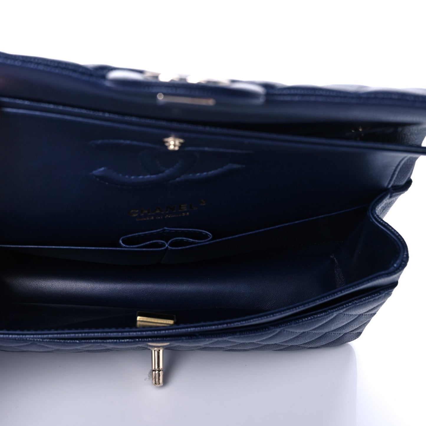 Caviar Quilted Medium Double Flap Dark Blue