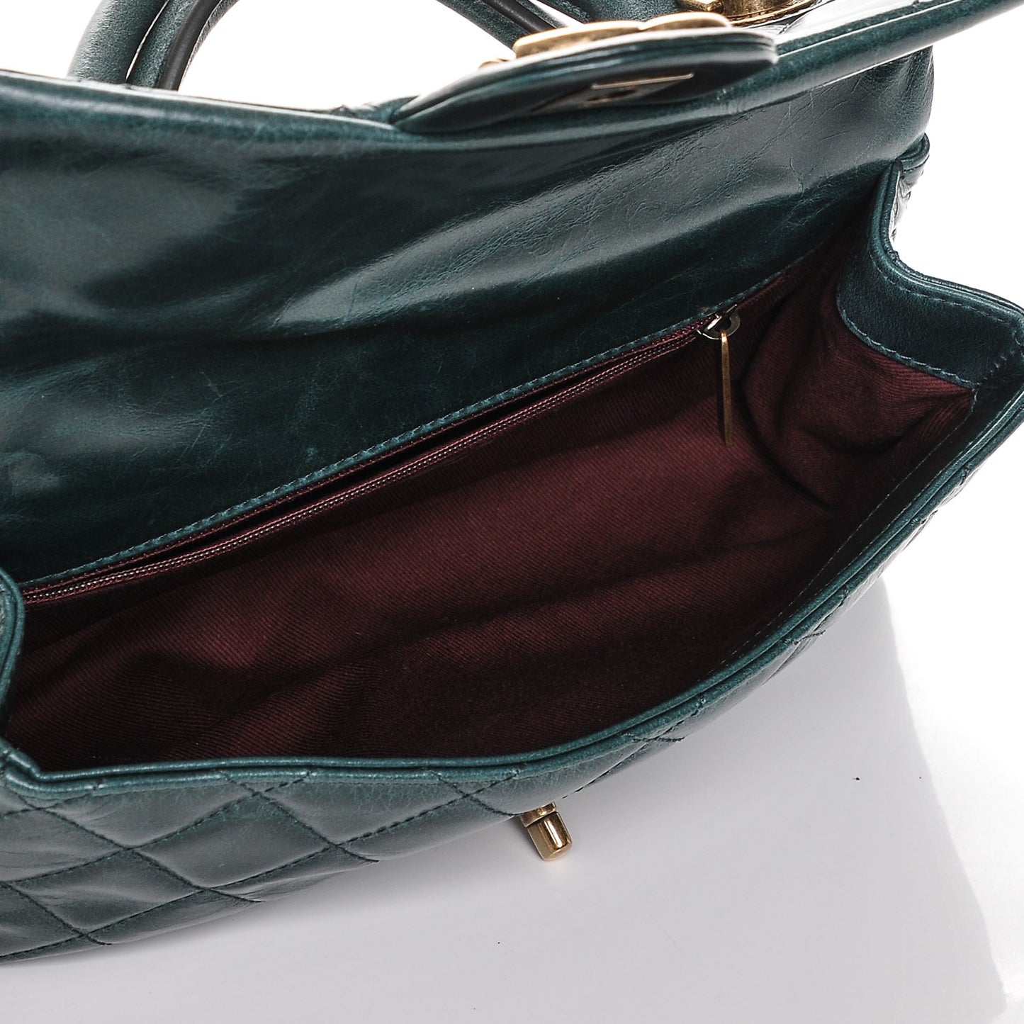 Glazed Calfskin Quilted Small Castle Rock Flap Green