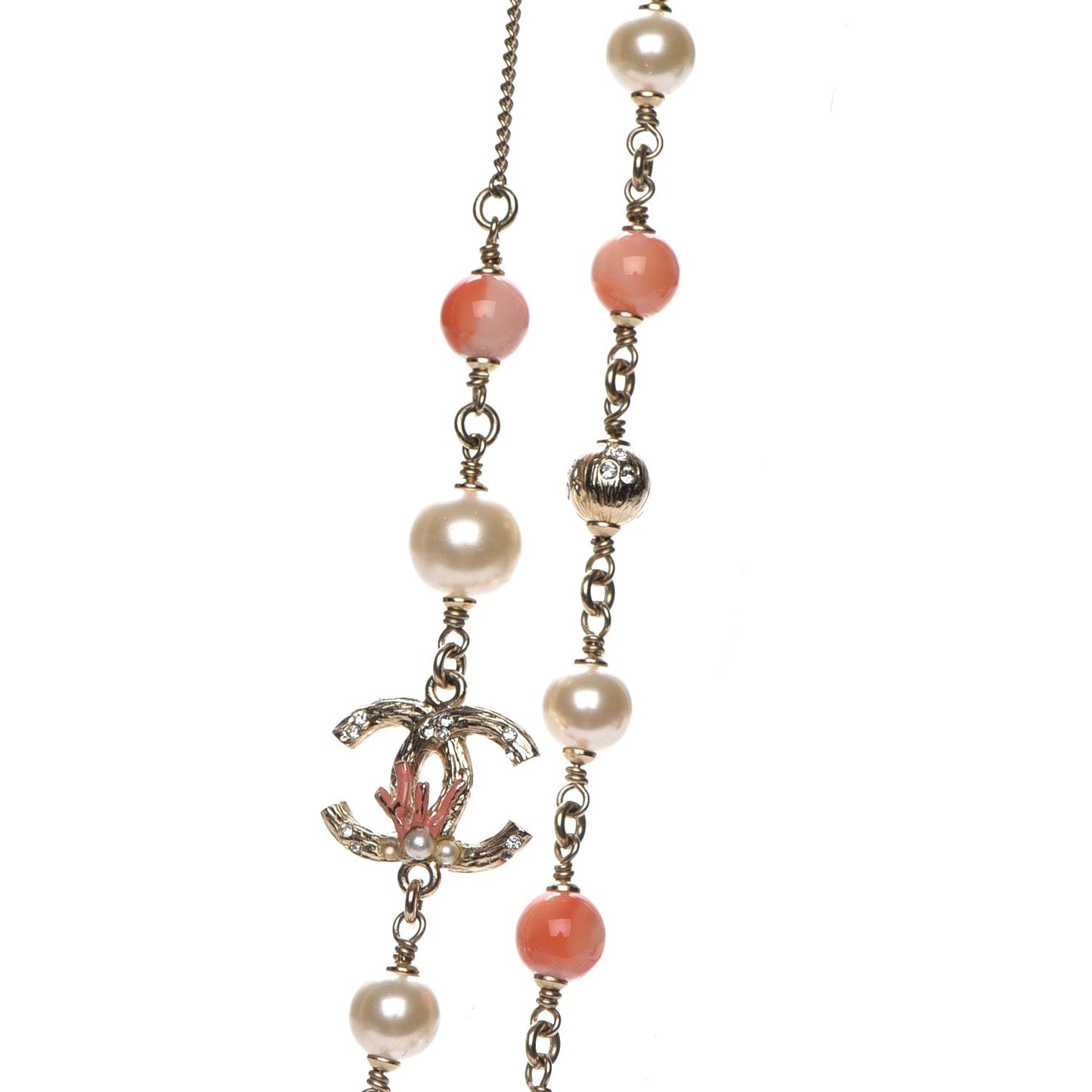 Beaded Pearl Crystal CC Long Strand Necklace Gold Coral