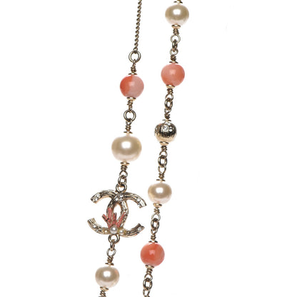 Chanel Beaded Pearl Crystal CC Long Strand Necklace Gold Coral 4 of 7