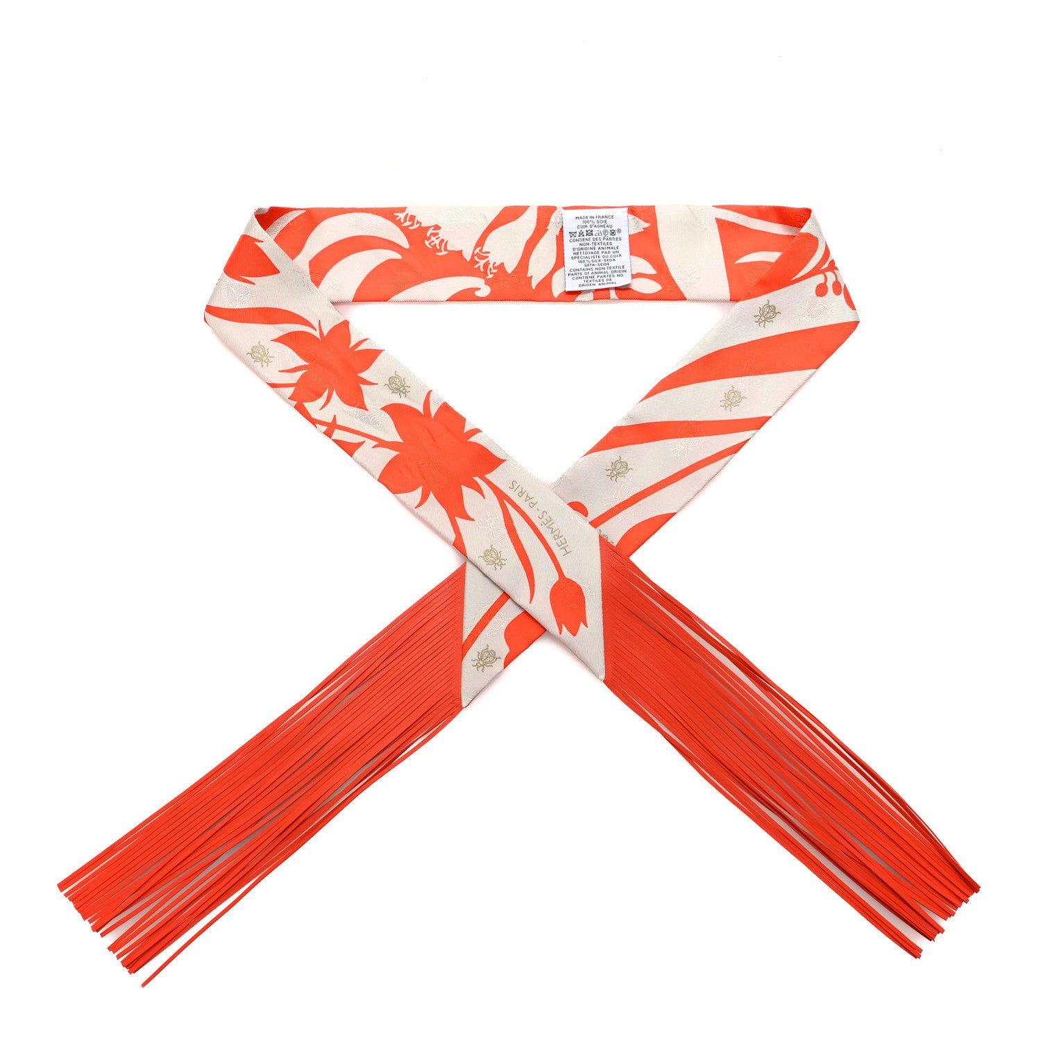 Hermes Silk Calfskin Bouquet Final Fringed Twilly Orange Gris Perle Vermillion 1 of 5