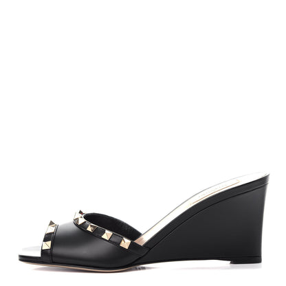 Valentino Garavani Calfskin Nappa Rockstud Wedge Sandals 39 Black 1 of 11