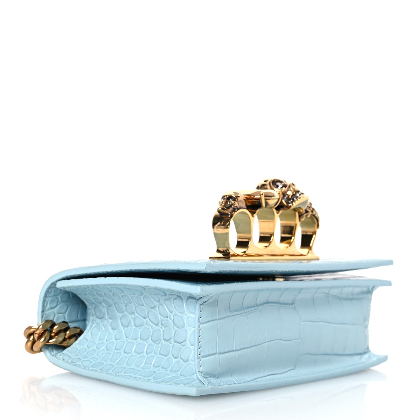 Calfskin Crocodile Embossed Knuckle Shoulder Bag Pale Blue