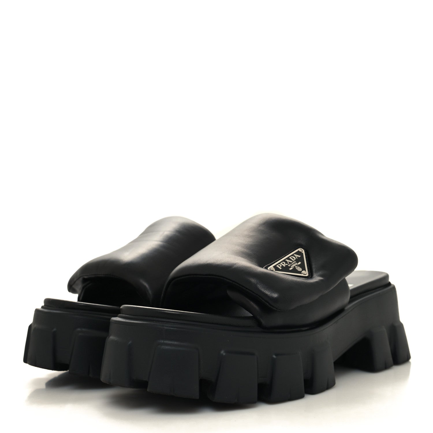 Prada Nappa Soft Padded Metal Triangle Logo Monolith 55mm Slide Sandals 39 Black 3 of 9