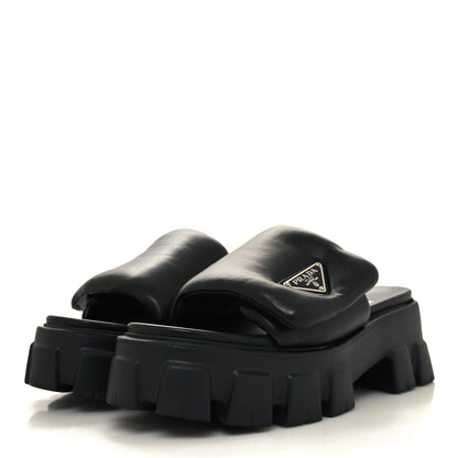 Prada Nappa Soft Padded Metal Triangle Logo Monolith 55mm Slide Sandals 39 Black 3 of 9