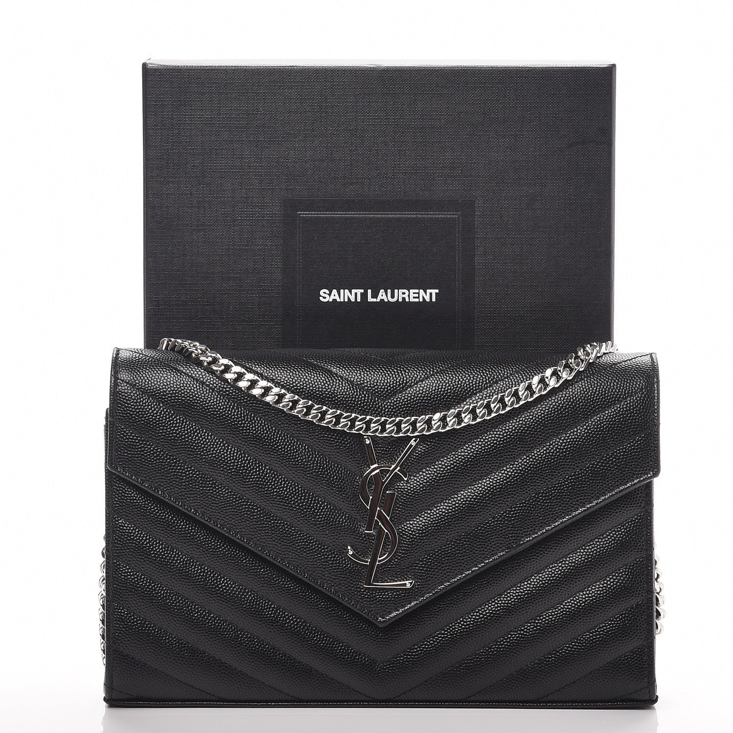 Saint Laurent Grain De Poudre Matelasse Chevron Monogram Chain Wallet Black 8 of 8