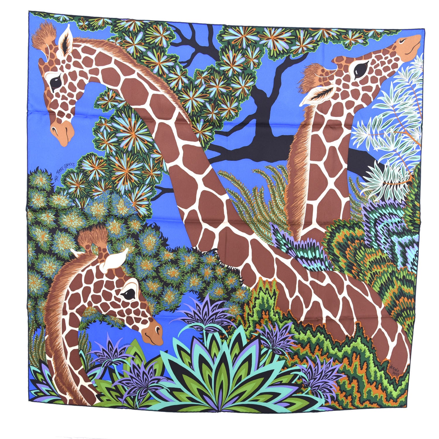 Hermes Silk The Three Graces Scarf 90 Bleu Vif Marron Vert 1 of 6