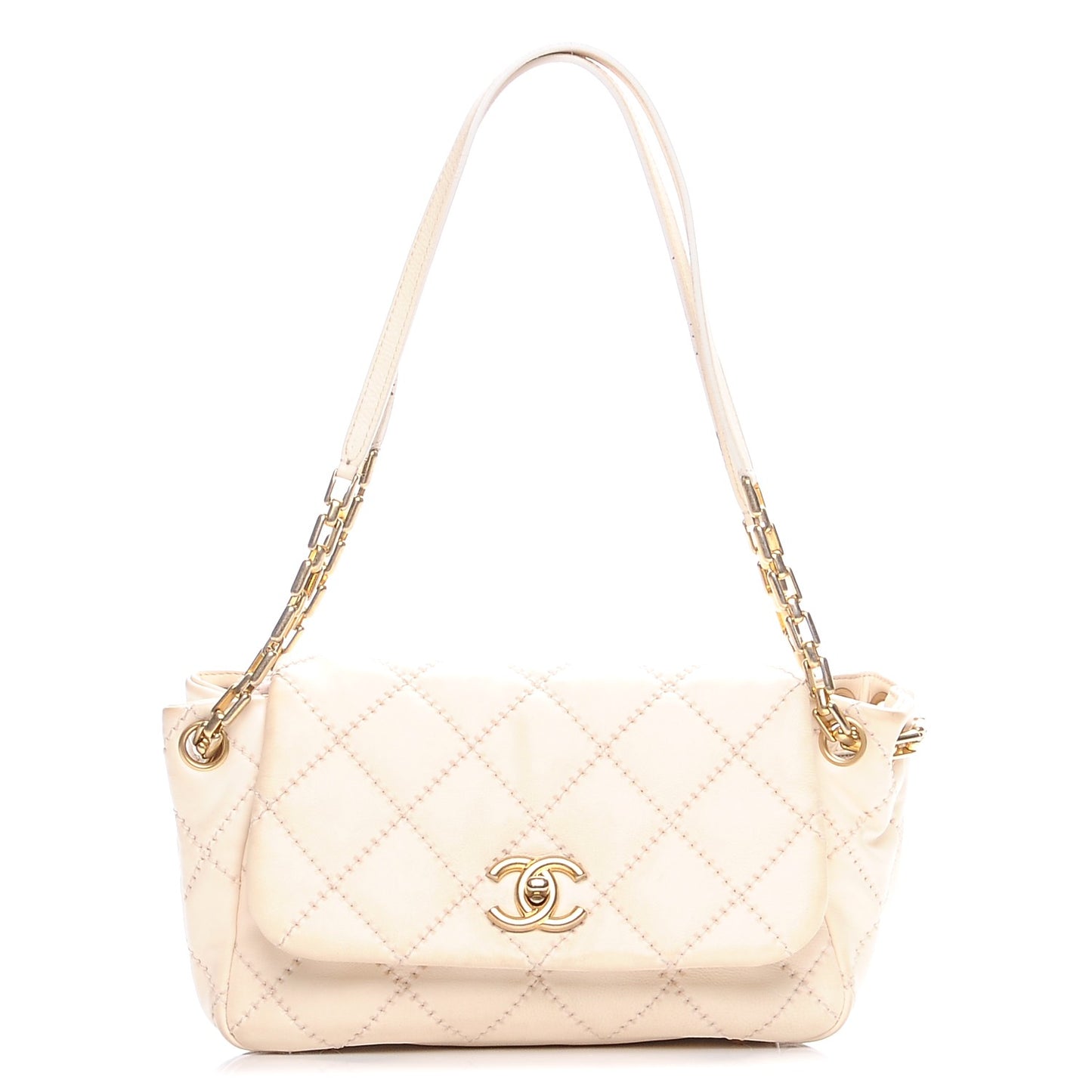 Calfskin Quilted Retro Chain Flap Beige