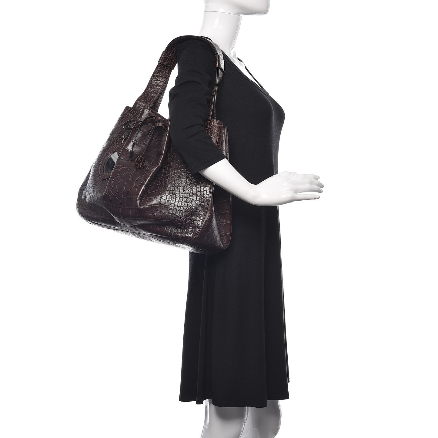 Calfskin Crocodile Embossed Bucket Bag Brown