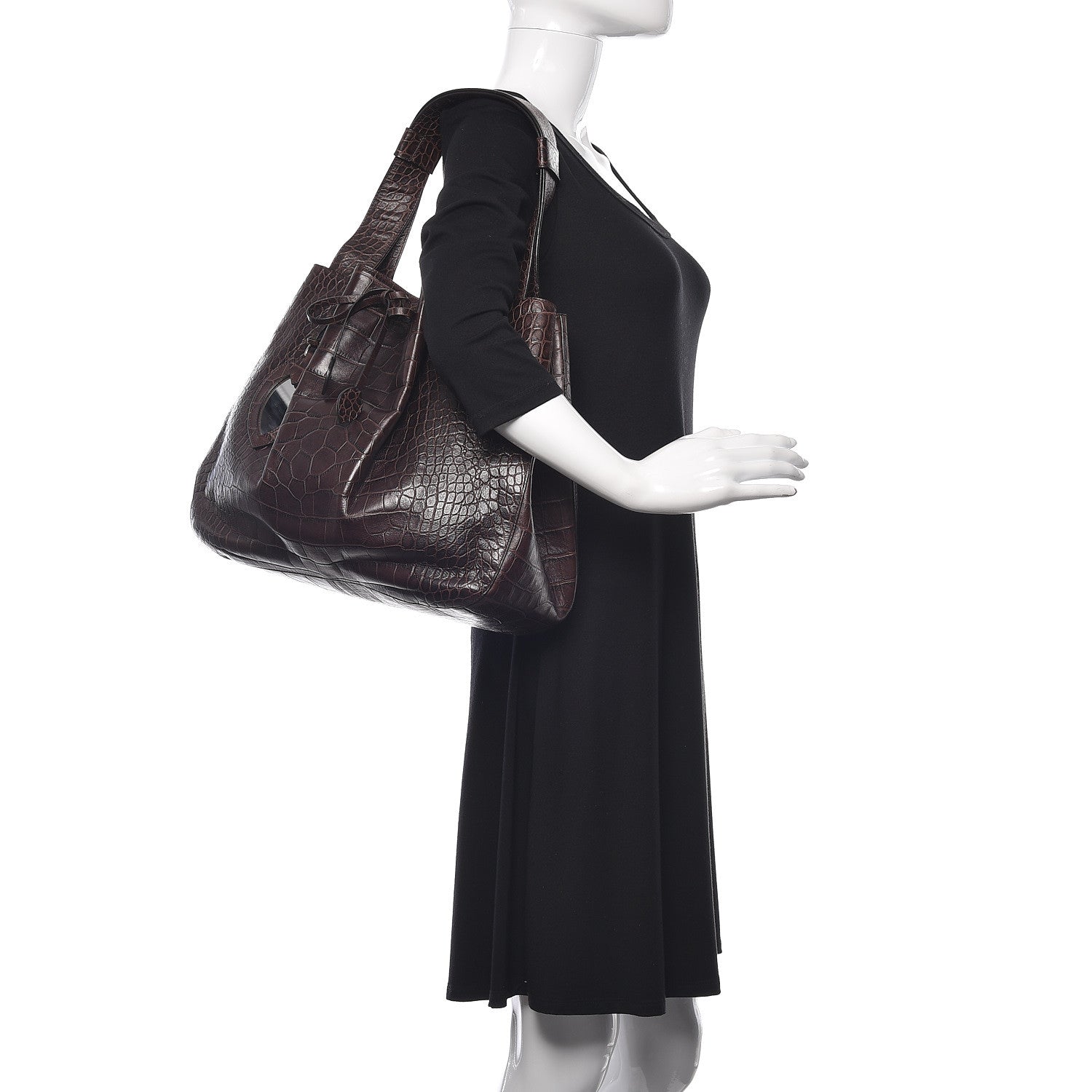 Alaia Calfskin Crocodile Embossed Bucket Bag Brown 2 of 10