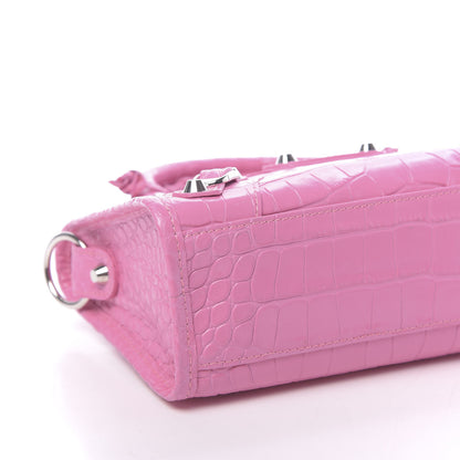 Balenciaga Shiny Supple Calfskin Crocodile Embossed Classic Silver Hardware Mini City Baby Pink 9 of 11