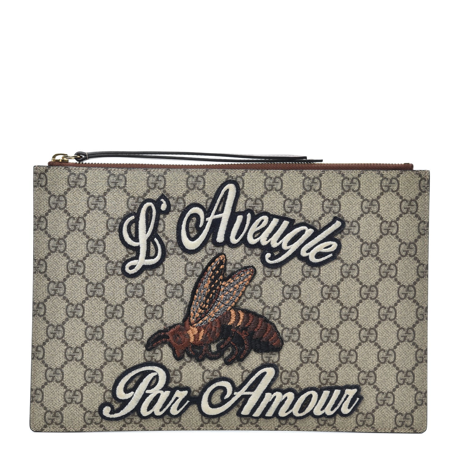 Gucci Calfskin GG Supreme Monogram Blind for Love Embroidered Large Zip Pouch Brown 1 of 6