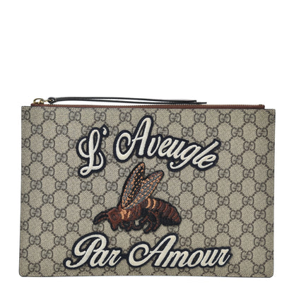 Gucci Calfskin GG Supreme Monogram Blind for Love Embroidered Large Zip Pouch Brown 1 of 6
