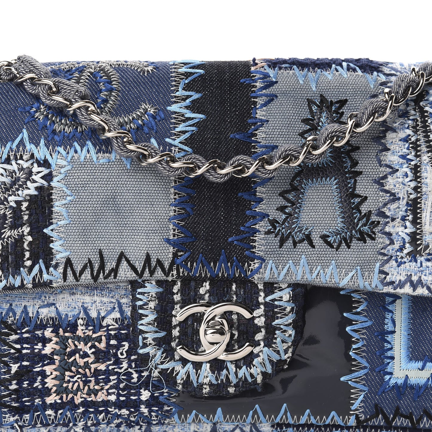 Denim Tweed Patchwork Medium Single Flap Blue